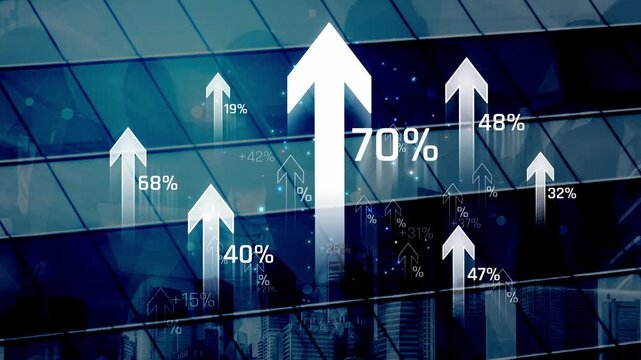 Abstract financial growth concept with upward arrows and percentages against a futuristic city skyline background emphasizing business success and trends Sigmoid