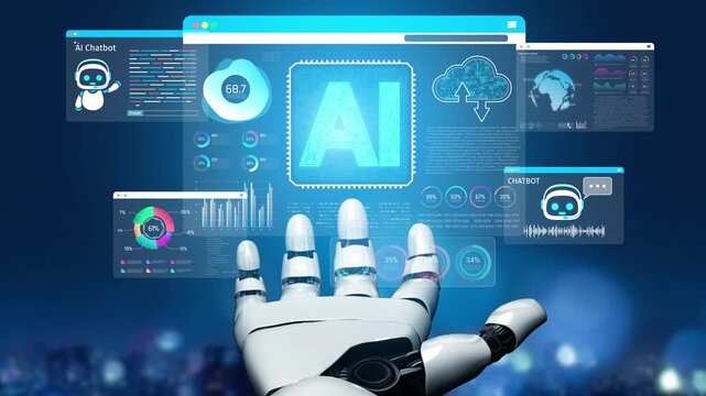 Futuristic Robot Hand Interacting with AI Interface Featuring Charts and Chatbot Data in a High-Tech Environment Sigmoid