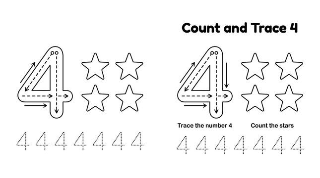 Educational worksheet for children to learn and practice writing the number four.