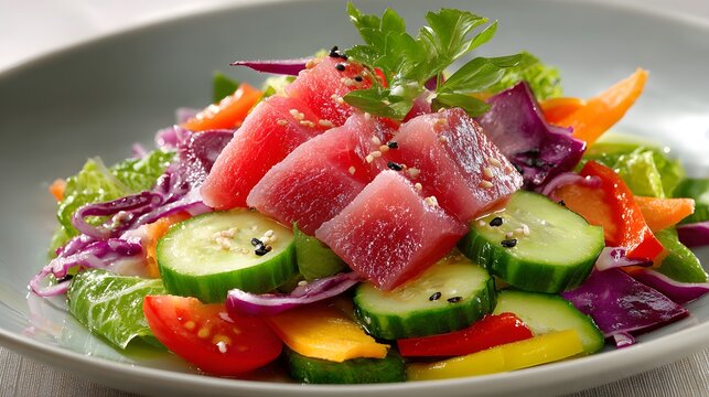 Fresh tuna sashimi salad bowl with sliced cucumbers, tomatoes, cabbage, and sesame seeds in delicious dressing.