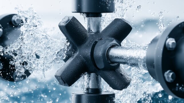 Metallic Equipment Component in Water Splash, Industrial Machinery, Mechanical Part in Action, Close-up of Engineered Product, Fluid Dynamics Theme