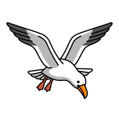 Obraz premium Vector illustration of a white seagull flying with wings spread wide in a stylish minimalist cartoon design isolated on a clean white background