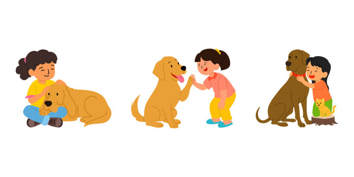 A collection of cheerful girl and dog friendship illustrations showing children interacting, hugging, petting, and bonding with their beloved pet dogs. Vector illustration