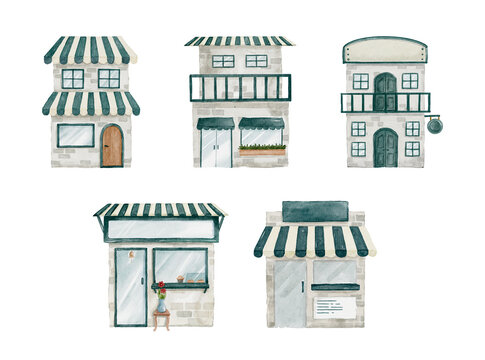 A charming watercolor clipart collection featuring front view shop and storefront buildings with striped awnings, windows, doors, signage, and cozy architectural details. Hand-painted watercolor style