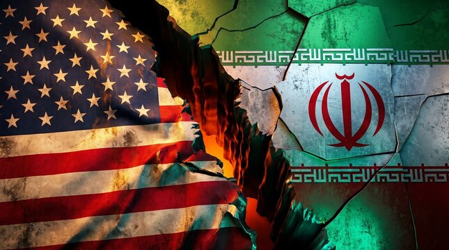 Cracked flags of USA and Iran symbolizing geopolitical conflict and tension.