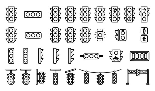 Modern traffic signal outline icon collection black line vector illustration isolated on white background