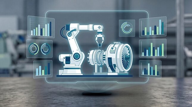 Futuristic robotic arm assembling motor with holographic data analytics, smart factory automation concept, AI driven manufacturing efficiency monitoring system for industry 4.0 ...