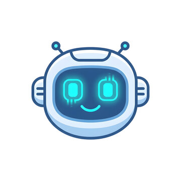 Minimal flat vector icon of a friendly AI robot head with digital eyes, isolated on white background.