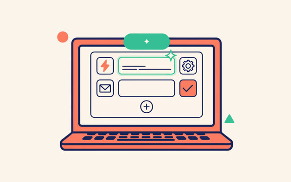 Flat vector illustration of a computer laptop featuring a user interface with input fields, configuration icons, and a confirmation checkbox for digital form submission