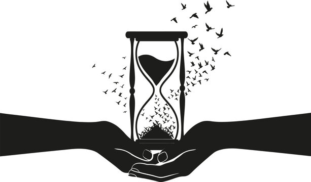 Friendship day concept hands holding time with flying birds silhouette