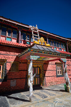 Traditional Buddhist monastery on the trail to Milarepa Cave at an altitude of 4000 meters near Manang, Nepal