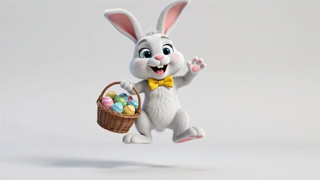 Happy white bunny jumping with a basket of colorful easter eggs