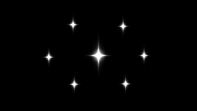 Glitter sparkle stars animation, shiny glowing fairy stars, transparent background overlay, black background, festive holiday twinkle effect, white cartoon vector doodles, retro blinking shine, 4K
