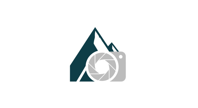 A minimalist graphic icon featuring a camera lens and mountain peaks