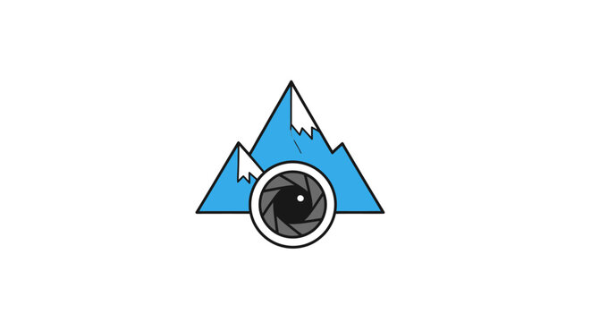 A minimalist graphic icon featuring a camera lens and mountain peaks