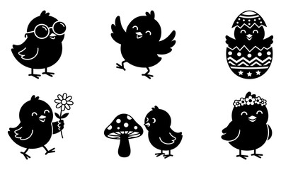 Bird Icon Set with Easter Eggs, Flowers, and Mushrooms, Cute Silhouette Style for Holiday Design © Afjal12