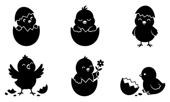 Chick Icon Set with Cute Silhouettes in Eggs, Hatching Poses and Springtime Flower Accents Featuring Chicken