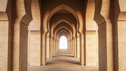 Obraz premium Ultra Realistic Symmetrical Sandstone Archway Corridor with Warm Natural Light Minimalist Islamic Architecture Interior Perspective