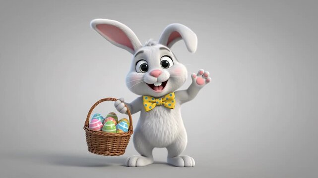 Cute 3d animated easter bunny holding a basket of colorful eggs