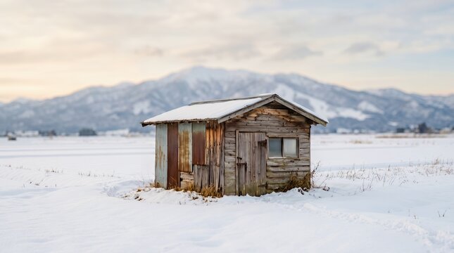 Rustic Wooden Shed in a Snowy Field with Majestic Winter Mountains in Japan