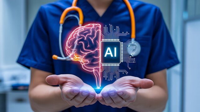 Healthcare professional using artificial intelligence for brain innovation and medical technology