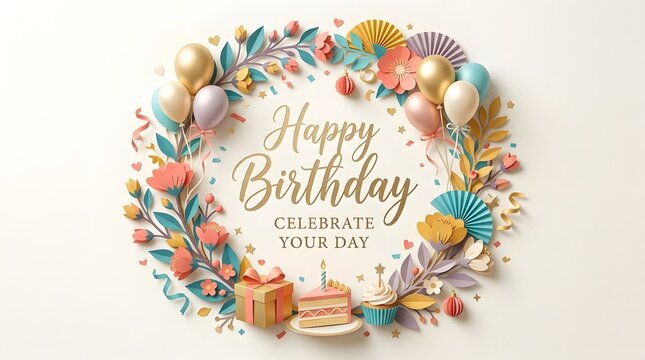 Colorful birthday cake with decorative eggs and flowers. Festive celebration with vibrant decorations.
