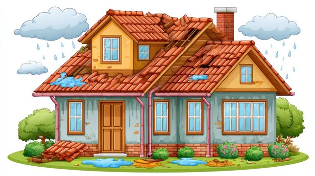 Damaged House with Leaking Roof in Rainy Weather Under Cloudy Sky with Greenery Around