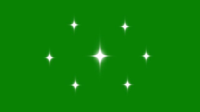 Fairy twinkle stars animation, glowing glitter sparkle, green background, white blinking star effect, fairy retro shining movement, festive holiday decoration, seamless looping vector doodles, 4K