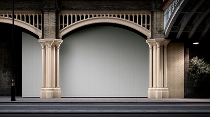 Fototapeta premium Large empty blank shopfront under vintage arched brick arcade on urban city street with ornate stone columns ready for new retail store opening and brand display