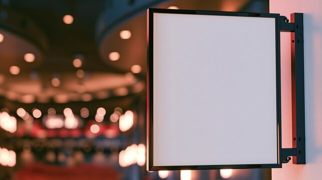 Vertical blank light box sign with black frame mounted on wall in front of blurred warm bokeh lights at night ready for custom business logo and advertisement display