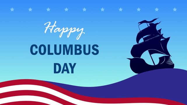 Columbus Day animation, celebrate Christopher Columbus discovering America, old marine navy ships sailing at sea