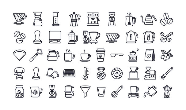 Premium Coffee & Barista Vector Icon Set - Monoline Specialty Coffee Brewing, V60, Chemex, Espresso Machine, Beans  Coffee Shop Line Art Clipart Mega Pack