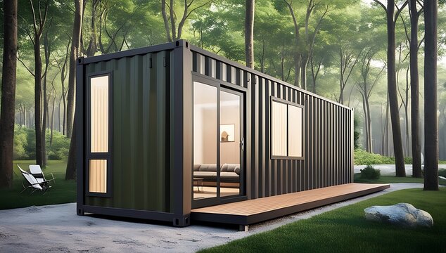 Luxury container house in a beautiful forest, CREATED WITH GENERATIVE AI