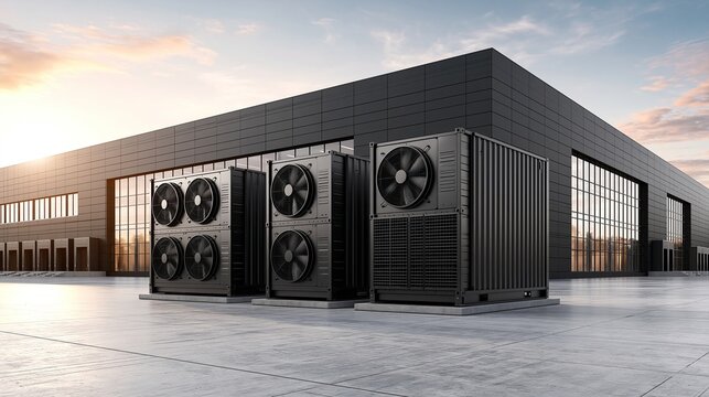 Three large black air source heat pump units standing on concrete ground outside dark modern commercial building under warm sunset sky for district hvac system
