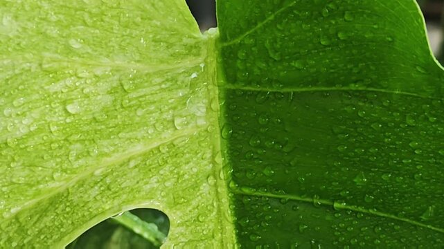 Slow motion macro video of water drops on a wet half moon variegated leaf gently swaying in a fresh botanical garden.