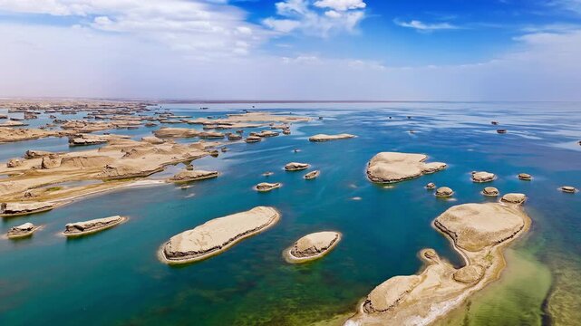 Aerial view of Wusute Water Yardang Geopark in Qinghai, China, with unique rock formations in turquoise water