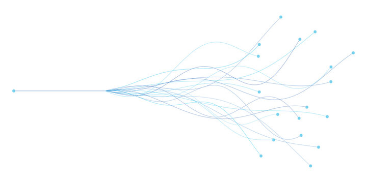 Abstract blue diverging lines graphic with curved paths, illustrating multiple future outcomes for strategic planning