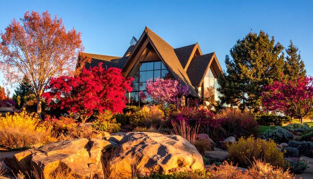 Modern house with angular rooflines and glass windows surrounded by autumn garden, symbolizing harmony of architecture, landscaping, and seasonal beauty.