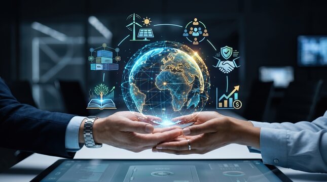 Business partnership hands holding hologram globe with sustainable energy icons representing green economy and corporate social responsibility goals