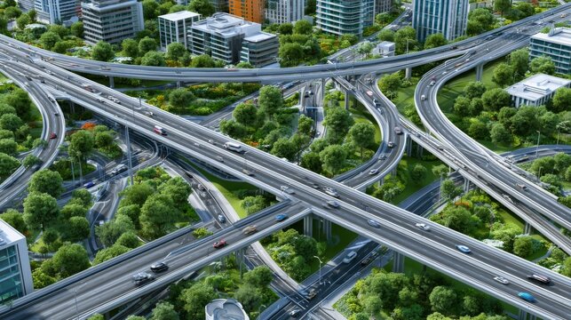 Aerial View of Modern Urban Highway Interchange Surrounded by Lush Greenery and Cityscape, Showcasing Infrastructure and Nature Coexistence