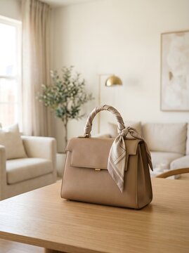Elegant Beige Leather Handbag with Silk Scarf on a Wooden Table in a Modern Home Living Room