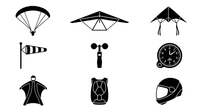 Extreme aerial sports and skydiving equipment icons.