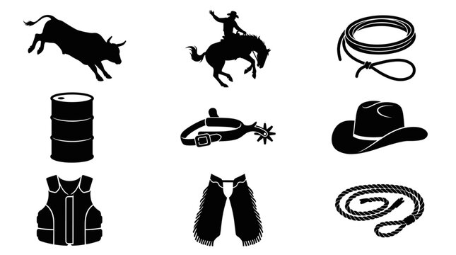 Rodeo and western cowboy equipment black silhouette icons.