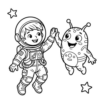 Little astronaut and alien best friend high five space vector line art