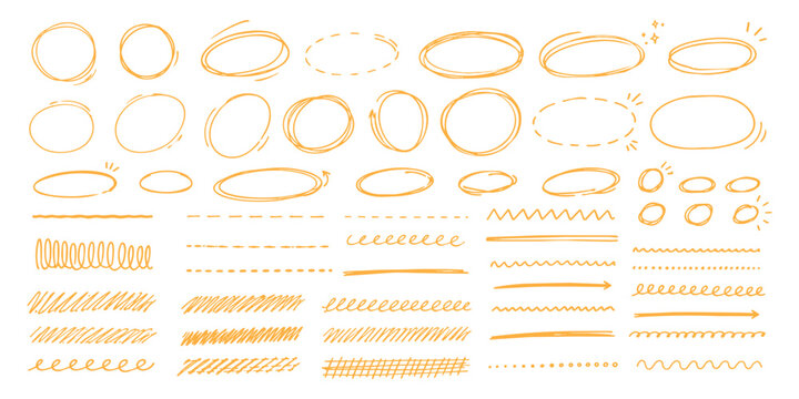 Hand drawn black pen collection showing round circle underline marks with doodle lines and strokes accents forming vector set kit bundle designed to highlight text through scribble oval line style.