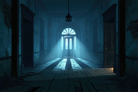 Eerie Abandoned Corridor with Blue Moonlight Streaming Through Doorway