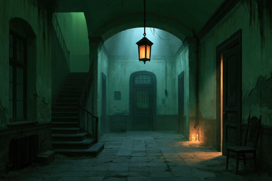 Abandoned Haunted Mansion Hallway with Glowing Lantern and Candlelight