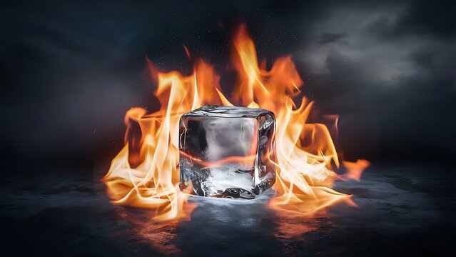 an ice cube engulfed in flames, symbolizing the contrast between fire and ice., CREATED WITH GENERATIVE AI