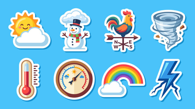 Set of eight vibrant weather vector graphic icons featuring sun snowman rooster wind vane tornado thermometer barometer rainbow and lightning
