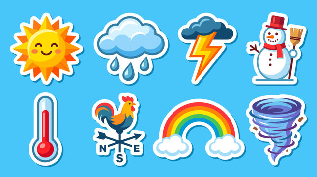Colorful weather icons set featuring cute sun rainy cloud lightning bolt snowman thermometer wind vane rainbow and swirling tornado vector